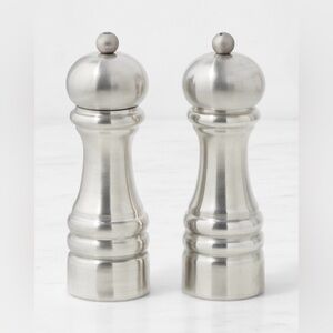 Williams Sonoma Polished Pewter 6” Salt & Pepper Mills Set, NIB, Retail $249